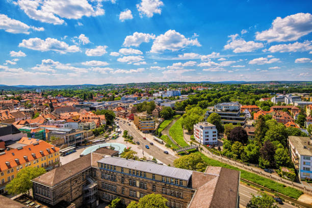 Aerial view over Bayreuth and the red Main river