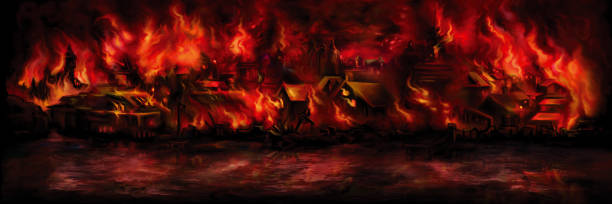 Banner with a medieval town aflame Illustration night scape with a fantasy town ashore on fire Aflame stock illustrations