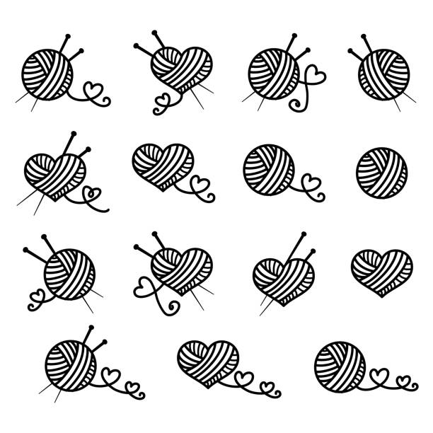 knitting, piękny zestaw ikon wektorowych - wool knitting heart shape thread stock illustrations