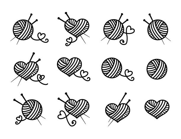 knitting, piękny zestaw ikon wektorowych - wool knitting heart shape thread stock illustrations