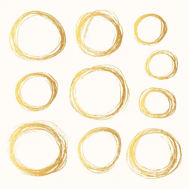 Vector illustration of Set of hand drawn round golden pencil scribble frames. Edge torn gold box background. Vector isolated hatch foil circles.