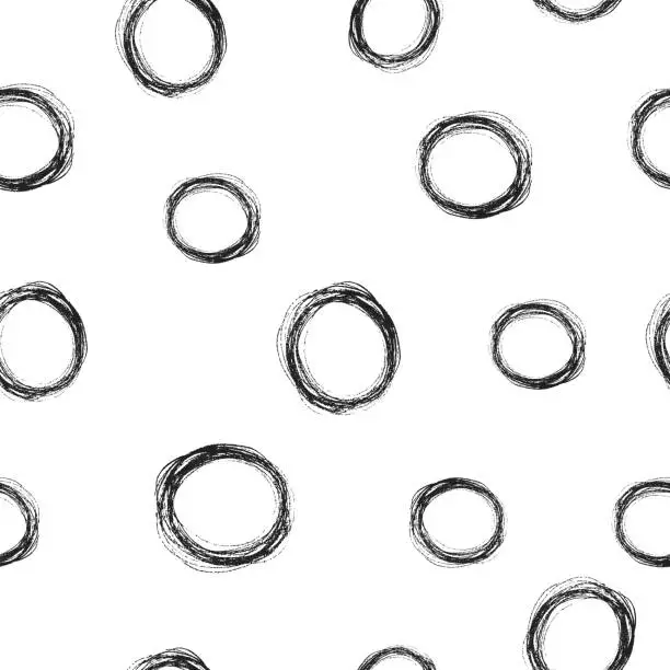 Vector illustration of Hand drawn pencil scribbles seamless pattern with rough circles. Edge torn texture. Vector isolated simple hatch background for wrapping paper.