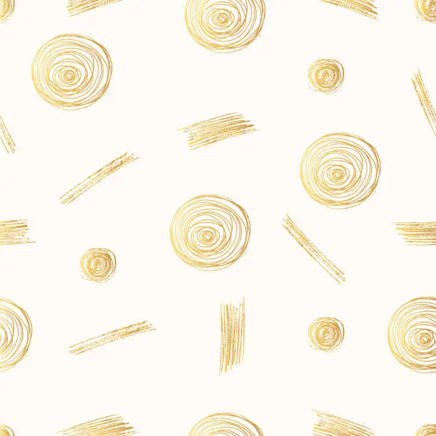 Vector illustration of Hand drawn golden pencil scribbles seamless pattern with rough circles and hatch lines. Edge torn texture. Vector isolated simple stroke background for wrapping paper.