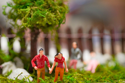 The couple who joined hands in front of the tree in the park was made a miniature
