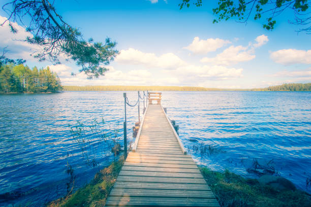 summer lake view from kuhmo, finland. - finland sauna lake house imagens e fotografias de stock