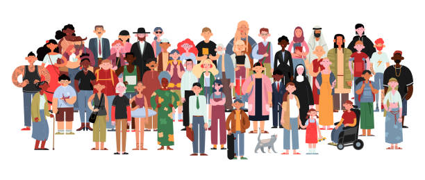 Socially diverse multicultural and multiracial people on an isolated white background. Socially diverse multicultural and multiracial people on an isolated white background. Happy old and young women and men with children, as well as people with disabilities standing together. diverse family stock illustrations