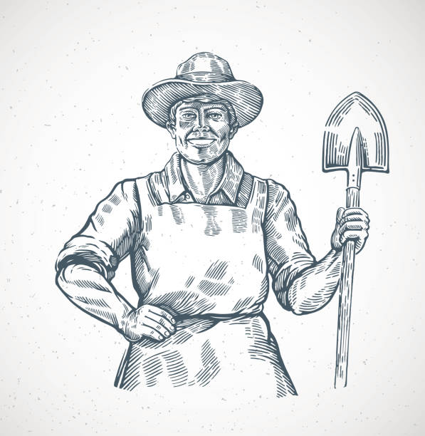 stockillustraties, clipart, cartoons en iconen met boer met een schop in zijn handen - farmer