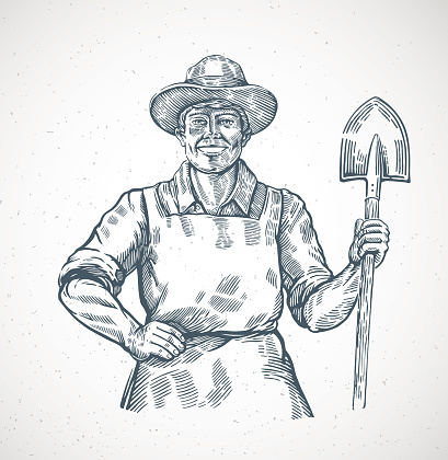 Happy farmer holding a shovel in his hands. Illustration in engraving style.