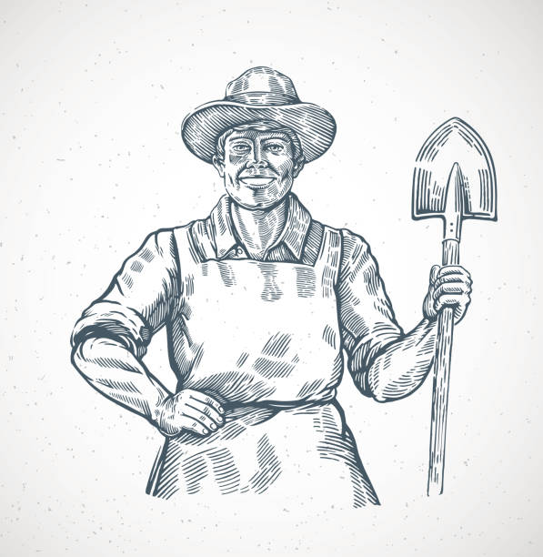 Farmer with a shovel in his hands Happy farmer holding a shovel in his hands. Illustration in engraving style. farmer drawings stock illustrations