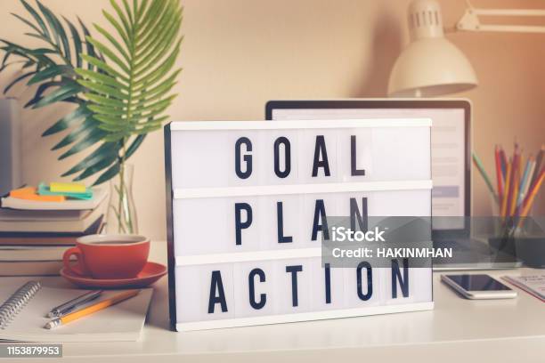 Goalplanaction Text On Light Box On Desk Table In Home Office Stock Photo - Download Image Now