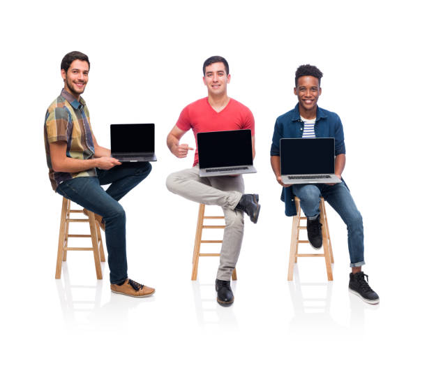istock Young men showing laptop screens 1153880666