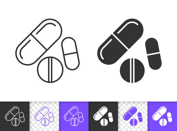 ilustraciones, imágenes clip art, dibujos animados e iconos de stock de píldora medicamento medicina farmacia línea negra icono del vector - laboratorio farmaceutico