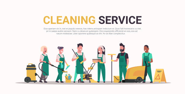 janitors team cleaning service concept male female mix race cleaners in uniform working together with professional equipment flat full length horizontal copy space janitors team cleaning service concept male female mix race cleaners in uniform working together with professional equipment flat full length horizontal copy space vector illustration cleaner illustrations stock illustrations