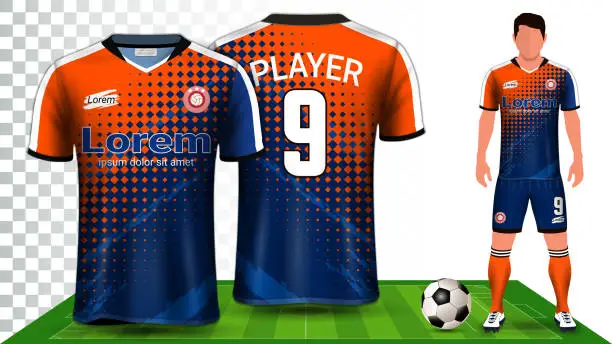 Vector illustration of Soccer Jersey and Football Kit Presentation Mockup Template, Front and Back View Including Sportswear Uniform, Shorts and Socks and it is Fully Customization Isolated on Transparent Background.