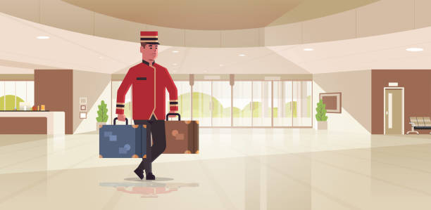 колокол мальчик проведения чемоданы гостиничного обслуживания концепции bellman проведения багажа мужской работник в единой современной при - hotel reception bell hotel service bell stock illustrations