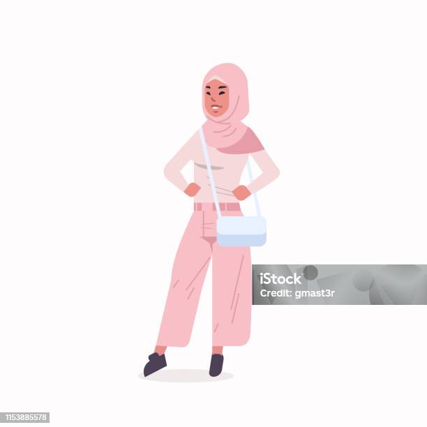 Arabic Woman In Hijab Arab Girl Wearing Headscarf Traditional Clothes Standing Pose Arabian Female Cartoon Character With Handbag Full Length Flat Stock Illustration - Download Image Now
