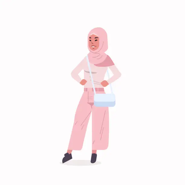 Vector illustration of arabic woman in hijab arab girl wearing headscarf traditional clothes standing pose arabian female cartoon character with handbag full length flat