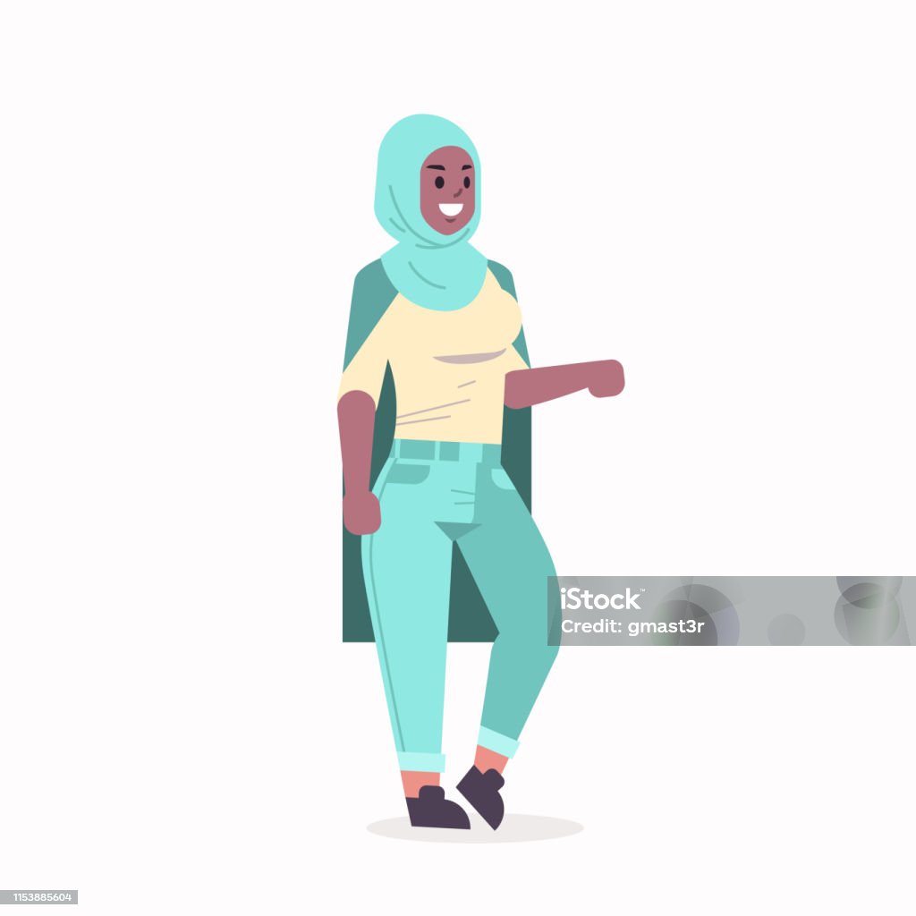 arabic woman in hijab african muslim girl wearing headscarf traditional clothes standing pose arabian female cartoon character full length flat arabic woman in hijab african muslim girl wearing headscarf traditional clothes standing pose arabian female cartoon character full length flat vector illustration Adult stock vector