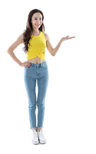 istock Beautiful woman with showing gesture on white background 1153886875