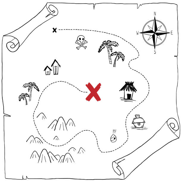 istock pirates treasure map hand drawn cartoon black ink isolated on white , palms at uninhabited island cross sign way search gold chest , rose of wind compass north at sea or ocean , vector illustration 1153888399