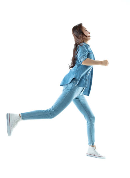 Woman running on white background