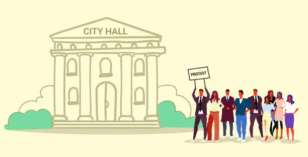 Vector illustration of businesspeople group holding protest placard signboard people crowd standing together demonstration concept municipal government building city hall sketch doodle horizontal full length