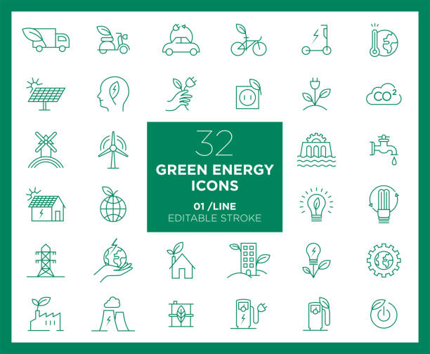 ilustraciones, imágenes clip art, dibujos animados e iconos de stock de conjunto de iconos de energía verde en línea - nuclear energy nuclear power station wind turbine energy