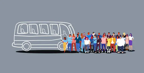 Vector illustration of group of people passengers waiting for tour bus tourists men women crowd at city public transport station sketch doodle horizontal