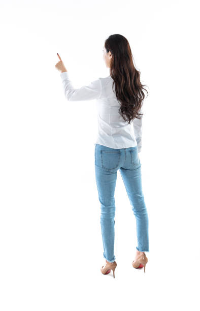 businesswoman touching virtual screen on white background - ecrã tátil imagens e fotografias de stock