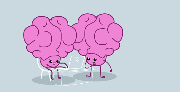 human brains couple sitting at workplace using laptop brainstorming successfull teamwork concept pink cartoon characters kawaii style horizontal vector illustration
