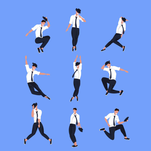 ilustrações, clipart, desenhos animados e ícones de conjunto dançarino de homem de negócios em poses diferentes masculino cartoon personagem dançando coleção fundo azul plano de comprimento total - club suit