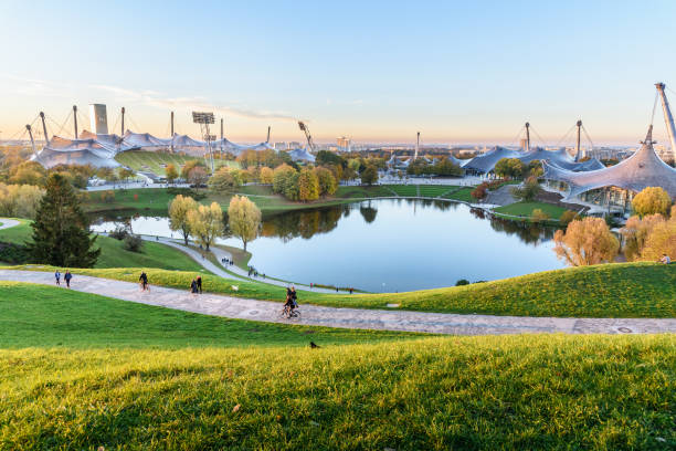 Munich, Germany - November 01, 2018: Olympic Park or Olympiapark on sunset