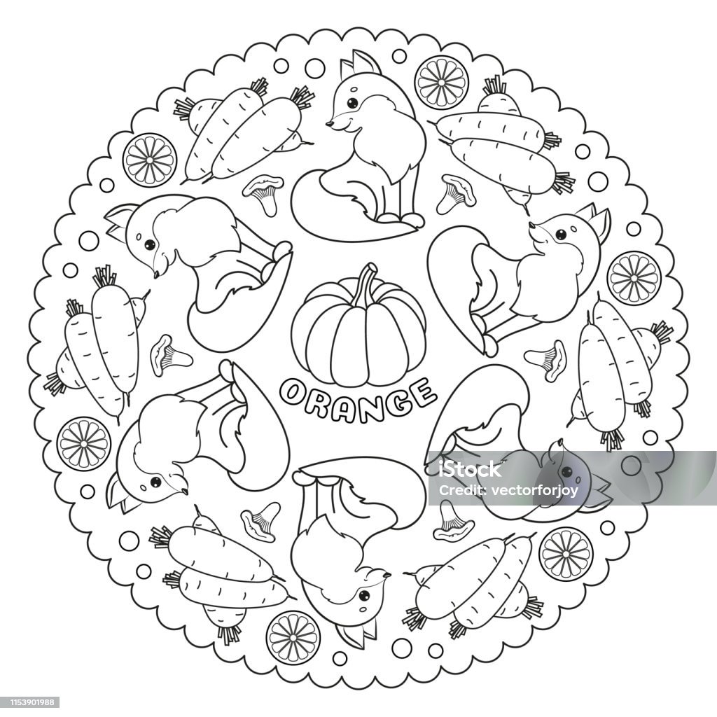 Coloring page mandala for kids with ORANGE pumpkin, fox, carrots and chanterelle mushrooms. Vector Illustration. Autumn stock vector