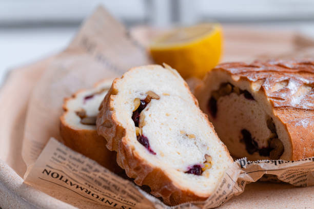 Delicious homemade Walnut Bread in the plate with Lemon