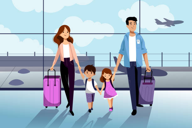 ilustraciones, imágenes clip art, dibujos animados e iconos de stock de familia feliz con dos niños que van a sus vacaciones de verano. viaje familiar en avión. ilustración vectorial plano de dibujos animados. - viajes familiares