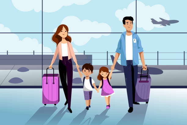 Happy family with two kids going to their summer vacation. Family travel by airplane. Vector flat cartoon illustration. Happy family with two kids going to their summer vacation. Family travel by airplane. Young woman, man, boy and girl in airport. Vector flat cartoon illustration. family vacations stock illustrations