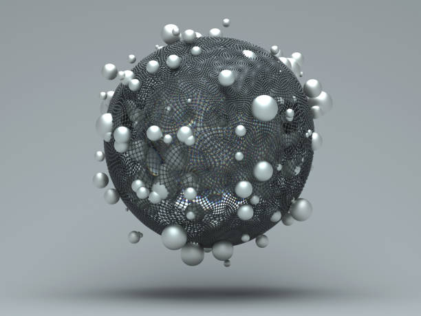 istock 3d render of abstract abstract 3d ball with wire structure in metal material glass material inside and white small silver balls around on dark grey background 1153907394