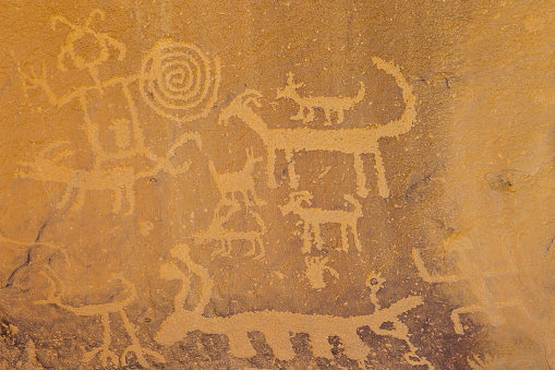 Petroglyphs at Chaco Culture National Park at Chaco Canyon in New Mexico, USA.