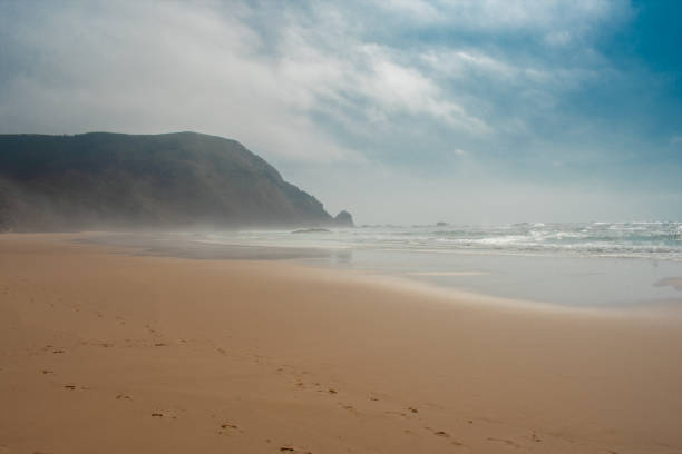 istock Rock formations and cliffs on beach, high waves on water of Atlantic Ocean. West coast of Algarve Portugal 1153908246