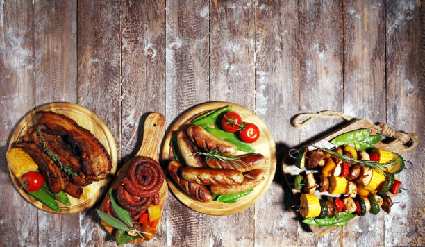 istock Assorted delicious grilled meat and skewer with vegetable on rustic table 1153908885