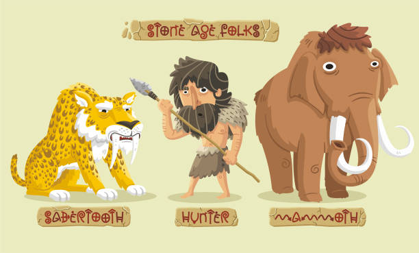Stone age characters set Stone age hunting set: a fierce saber-toothed tiger, a big hairy mammoth and a brave hunter. predator teeth stock illustrations