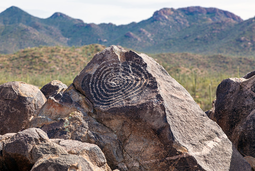 Ancient Hohokam petroglyphs in Arizona's Saguaro National Park.