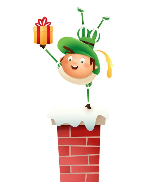Vector illustration of Saint Nicholas helper Zwarte Piet put gifts down the chimney - isolated on white background