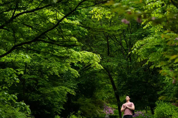 Fit mid adult man meditating in forest. Determined sporty male is surrounded by fresh green trees. He is leading healthy lifestyle.
