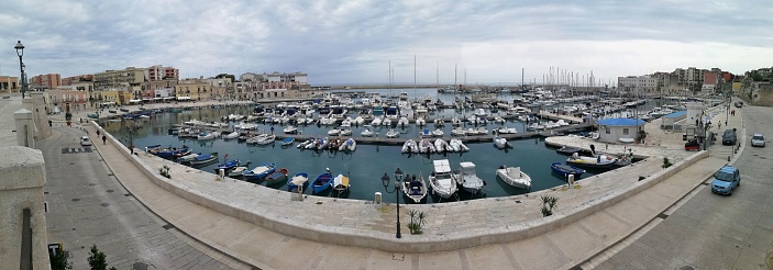 Bisceglie, Puglia, Italy - May 19, 2019: Panoramic photo of the port