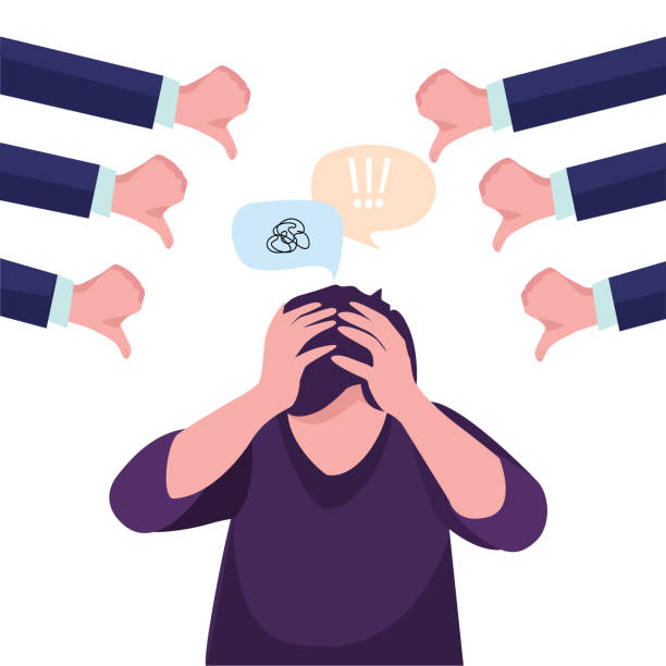 Print Vector illustration business concept designed as a man kneeling and others pointing at him.  Criticized, blamed.  Flat vector concept illustration. scolding stock illustrations