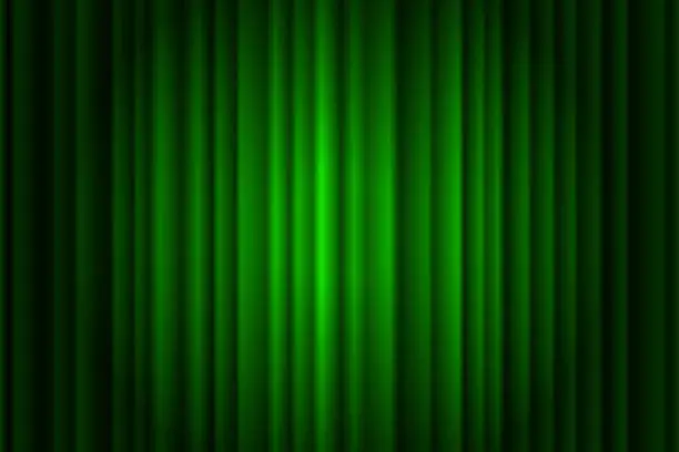 Vector illustration of Closed silky luxury green curtain stage background spotlight beam illuminated. Theatrical drapes. Vector gradient illustration