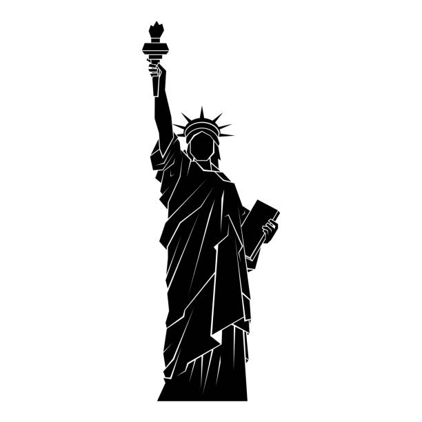 ilustraciones, imágenes clip art, dibujos animados e iconos de stock de estatua de la libertad silueta negra. aislado sobre fondo blanco - statue manhattan monument flaming torch