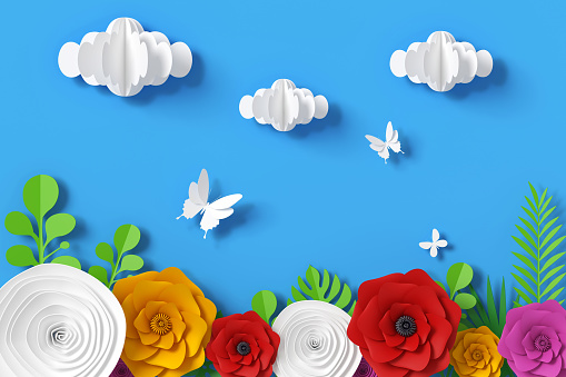 Flower paper style, colorful rose, paper craft floral, Butterfly paper fly, 3d rendering, with clipping path, colorful