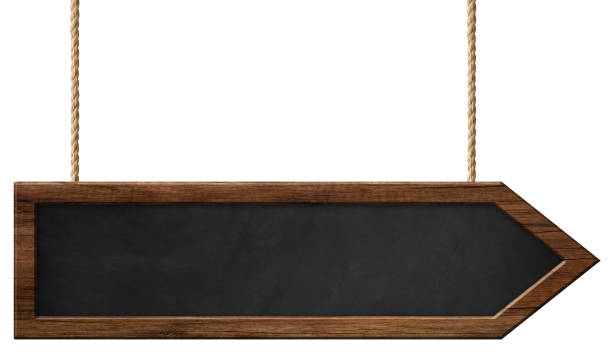 istock Blackboard with dark frame and arrow shape hanging on ropes 1153948949
